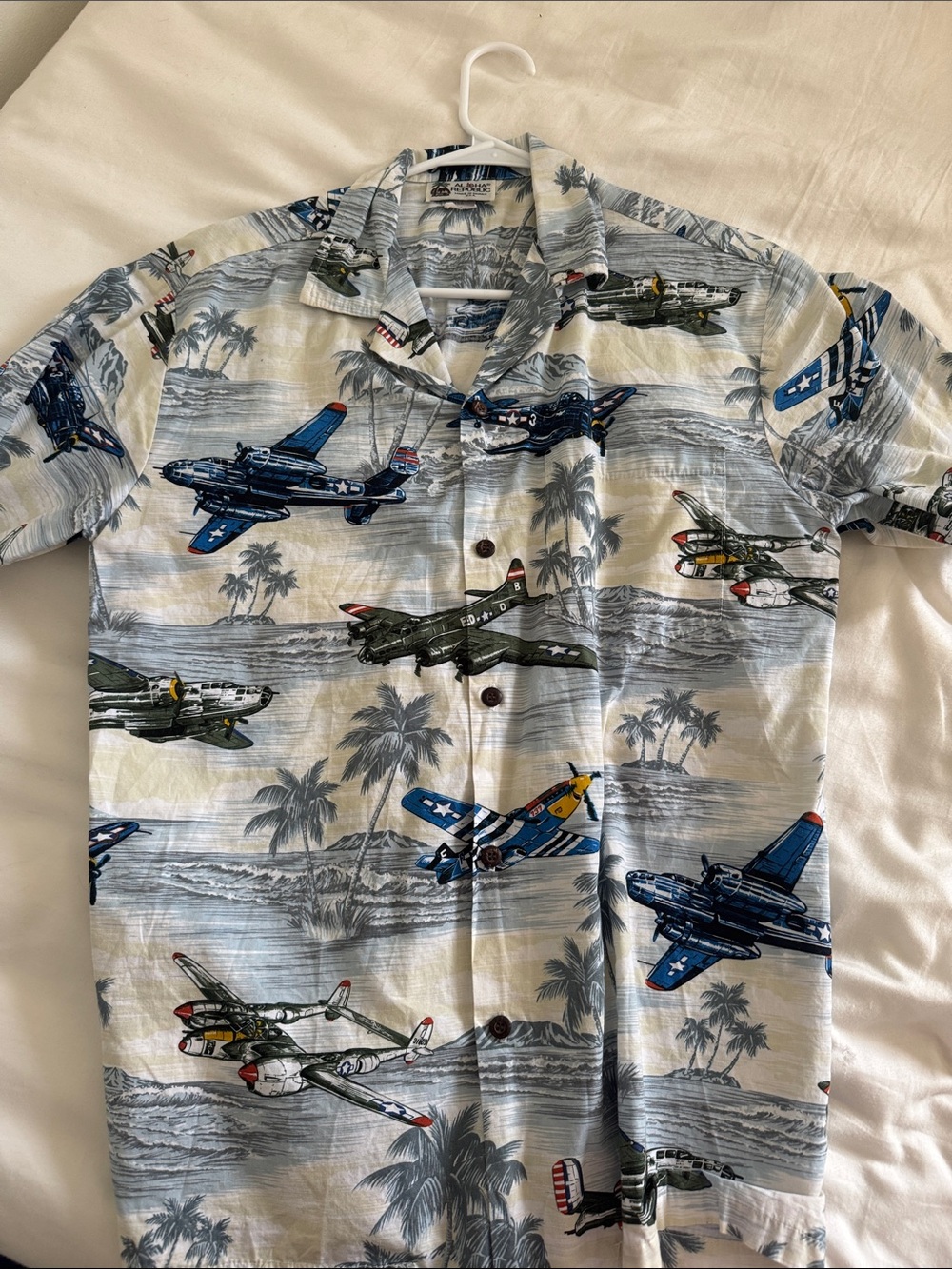 Made in Hawaii Aloha Republic Blue & White Hawaiian Plane Print Shirt